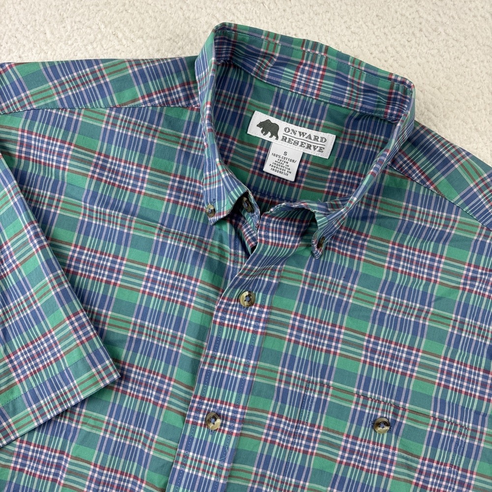 ONWARD RESERVE Mens Short Sleeve Button Shirt Small Plaid Preppy Cotton Casual